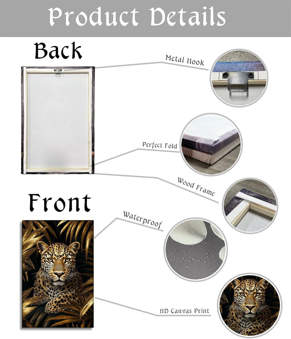 Leopard Canvas Wall Art Gold Leaves Picture Black Poster African Theme Jungle...