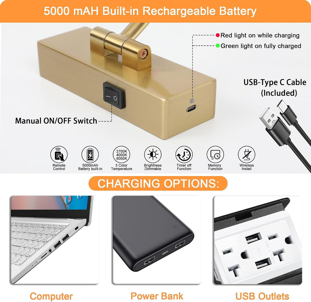 Tassuowell Wireless Picture Lights for Wall Rechargeable, Battery Operated Ar...