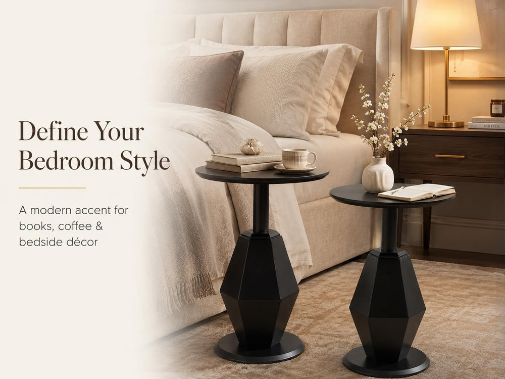 Round Wood Side Table, Set of 2, Coffee Nightstand Cocktail Drink Modern Acce...