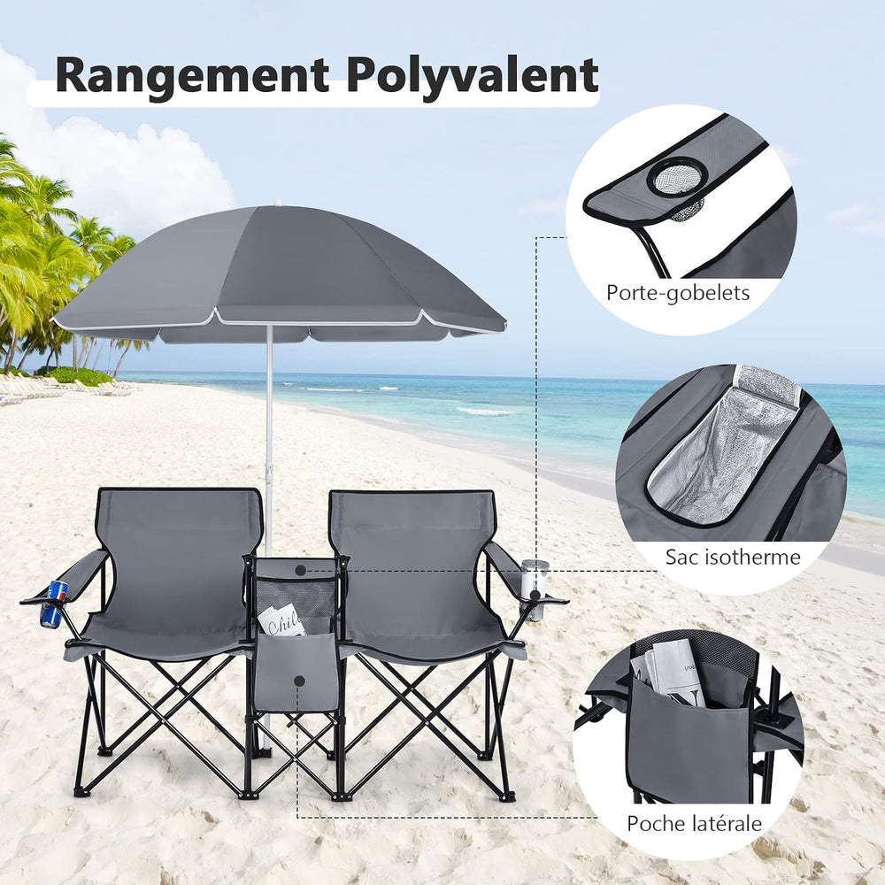 COSTWAY Folding 2 Seater Camping Chair with Parasol and Cooler, Grey