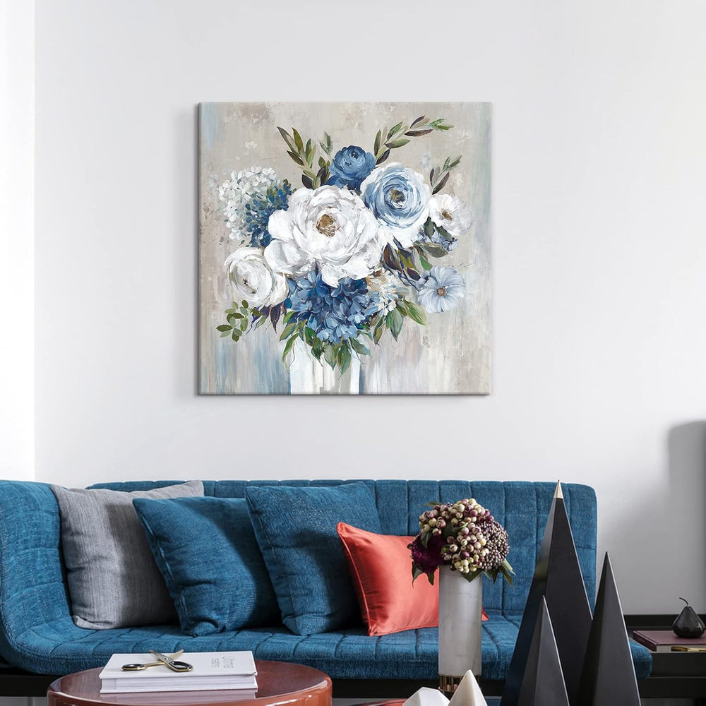 Goldfoilart Blue Flower Wall Art for Living Room White Floral Canvas Pictures...
