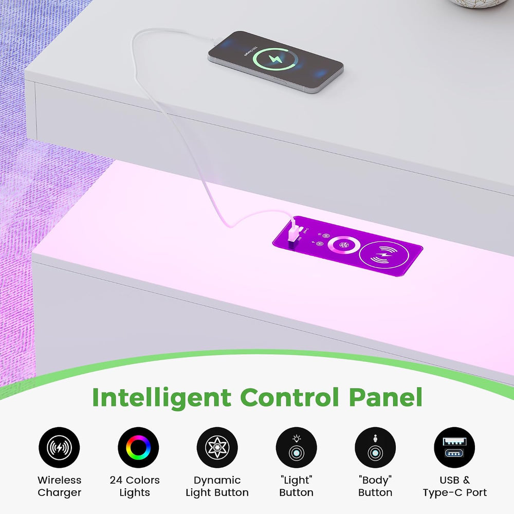 HNEBC LED Coffee Table with Wireless Charging Station for Living Room,White