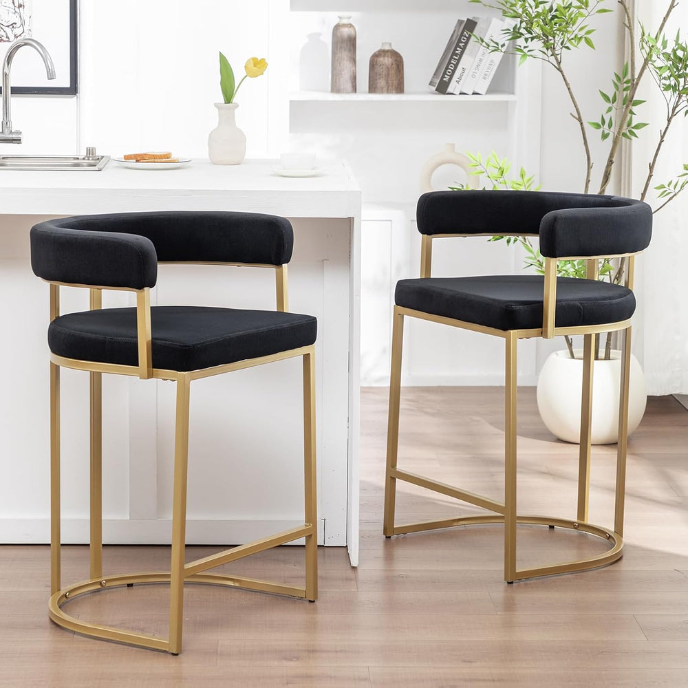 Gold Counter Height Bar Stools Set of 2, Modern Velvet Barstools with Barrel ...