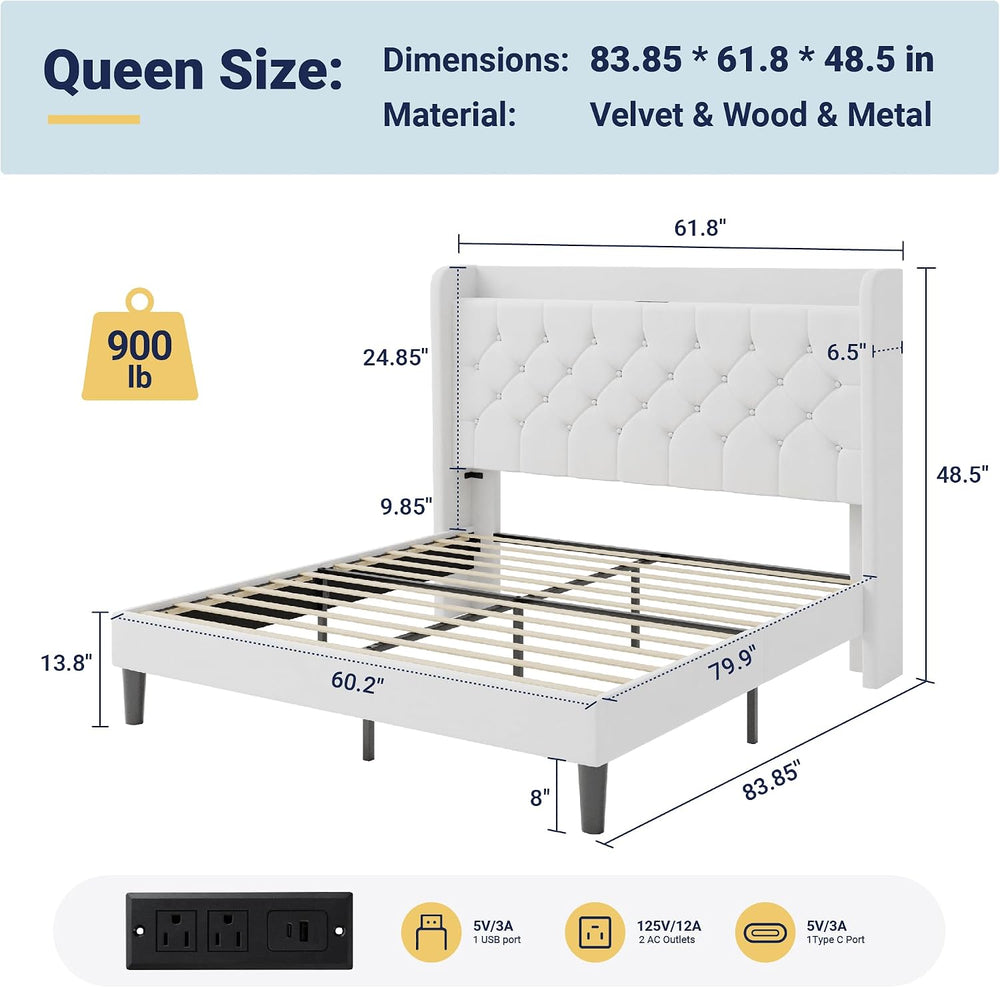 Allewie Queen Bed Frame, Storage Headboard & Charging Station, White