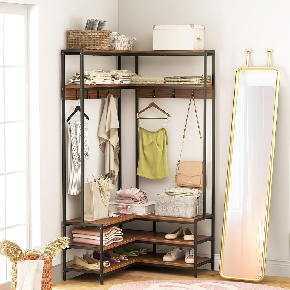 GIANTEX Corner Coat Rack, L-Shaped Hall Tree with Bench and Shoe Storage