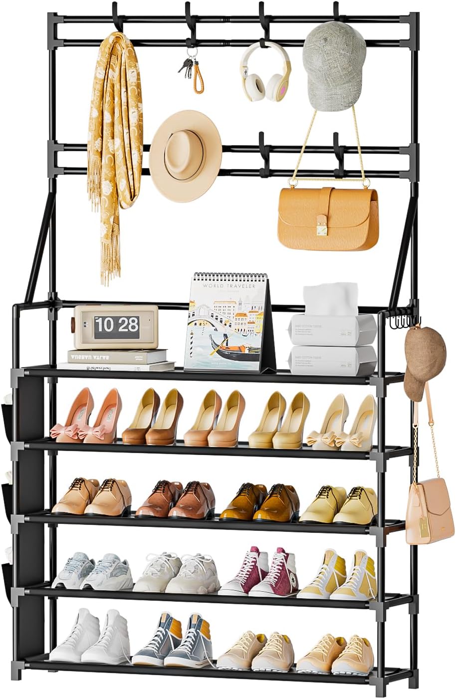 OYREL Shoe Rack, 5 Tier Shoes Storage Organizer with Hooks and Side Pocket