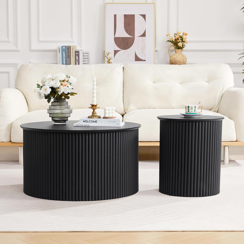 Fluted Round Nesting Coffee Table Set of 2 Circle Center Table Living Room