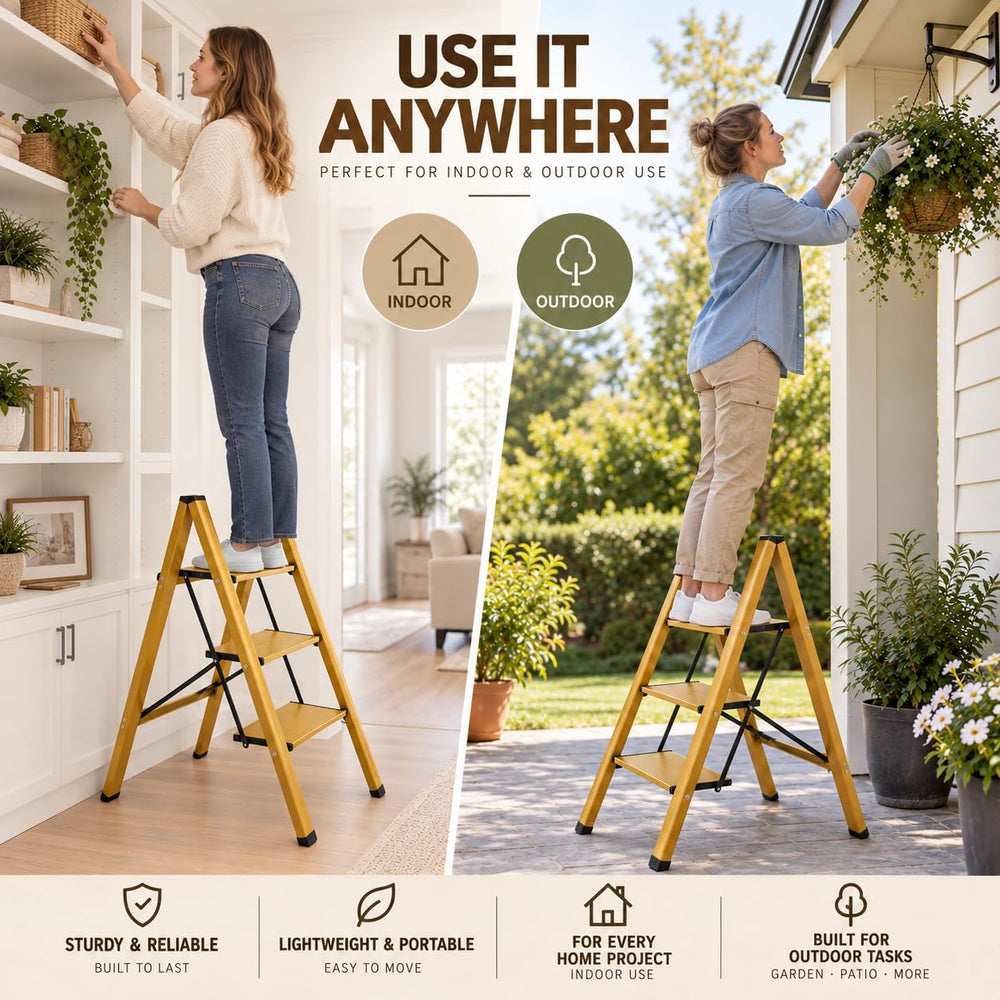 HISMOCAL 3 Step Stool, Gold Aluminum Folding Step Ladder, 330 lb Capacity, Wi...