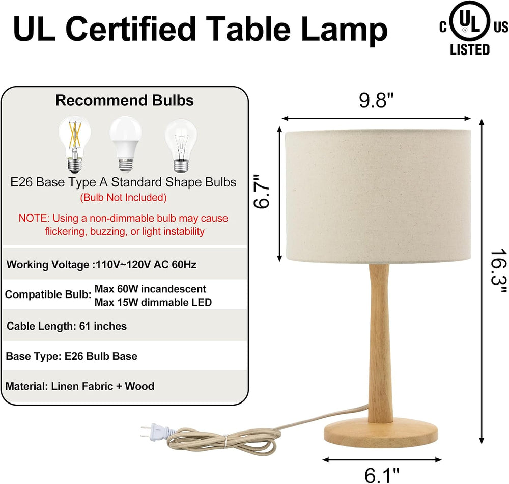 16.3” Natural Wood Table Lamp with Linen Drum Shade, E26 Base, Beige