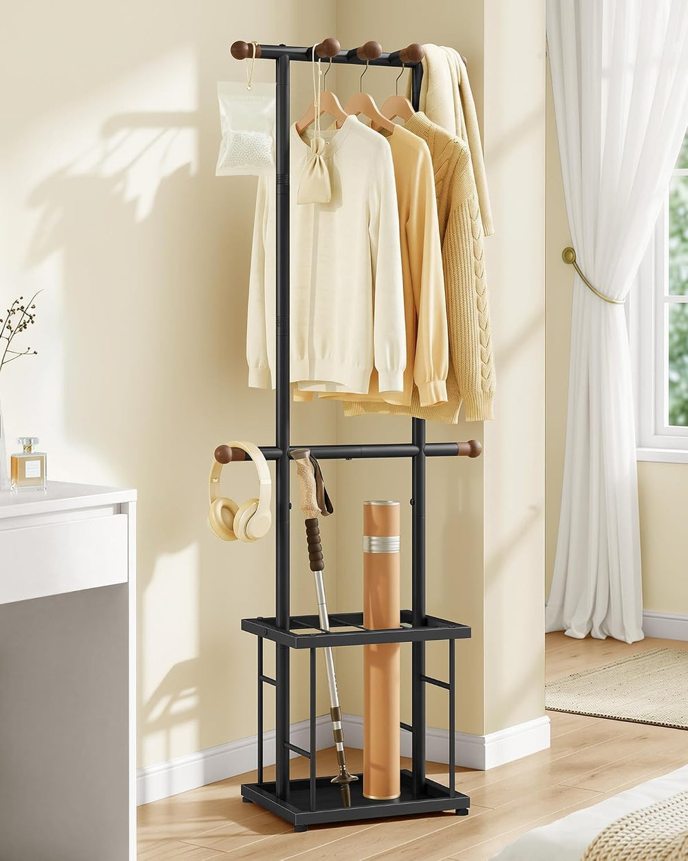 FAVOOSTY Coat Rack Freestanding with Umbrella Holder for Entryway, Black