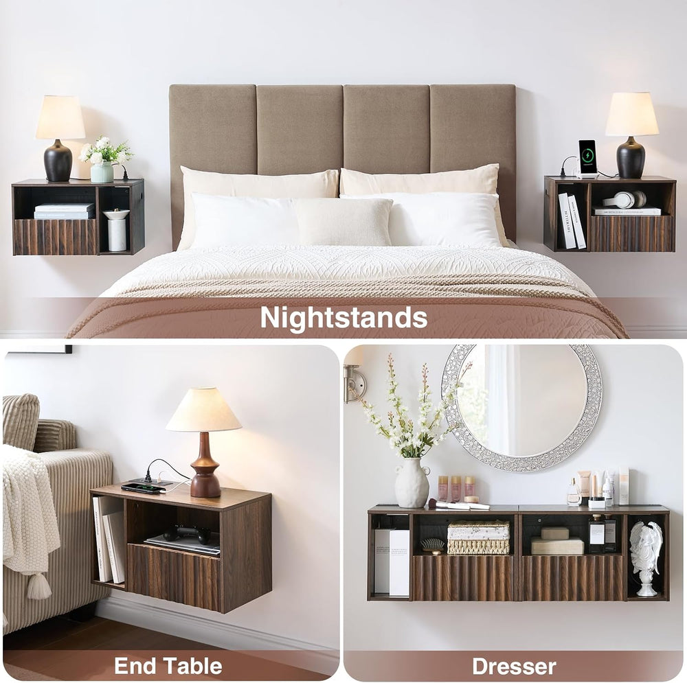 BuildHom Floating Nightstand Set of 2 with Charging Station, Walnut