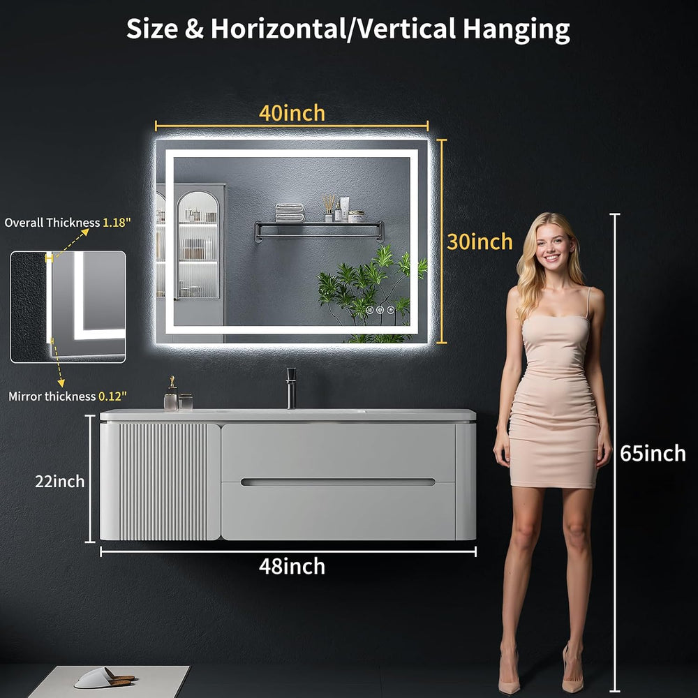 40"x30" LED Bathroom Mirror with Lights, Backlit+Frontlit, Anti-Fog