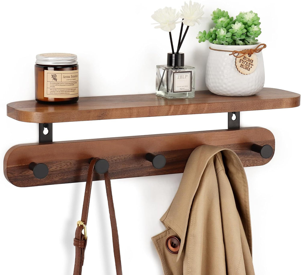 Coat Rack Wall Mount with Shelf, 17" Walnut Wood Wall Shelf with Hooks, ...
