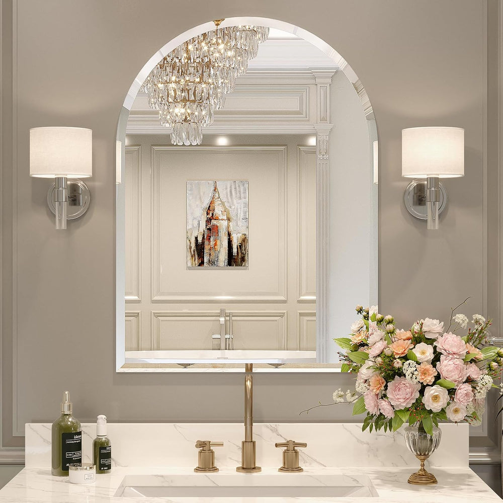 Frameless Bathroom Mirror, 22" x 30" Arched Beveled Vanity Mirror f...