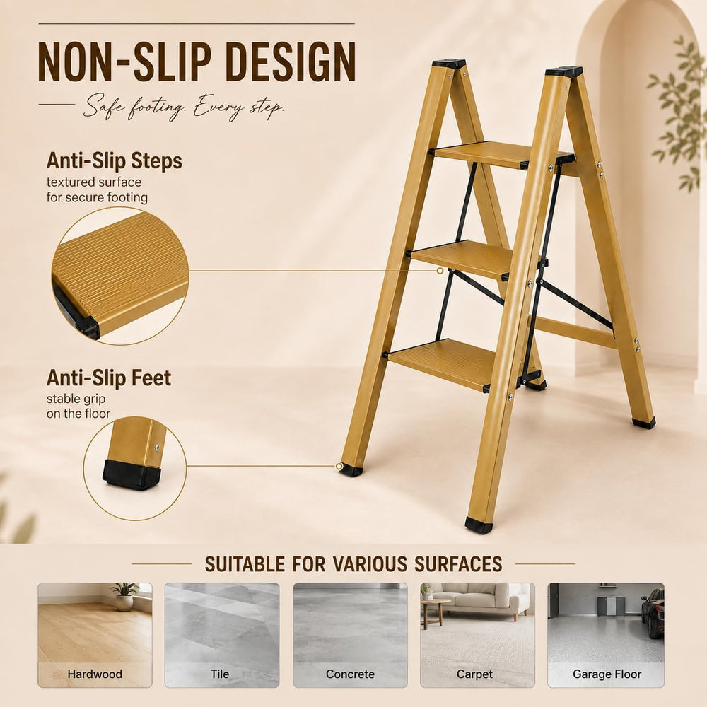 HISMOCAL 3 Step Stool, Gold Aluminum Folding Step Ladder, 330 lb Capacity, Wi...