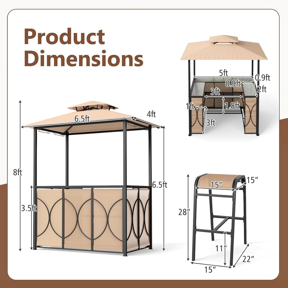 Tangkula 3-Piece Patio Bar Set, Grill Gazebo & 2 Bar Stools with Tempered...