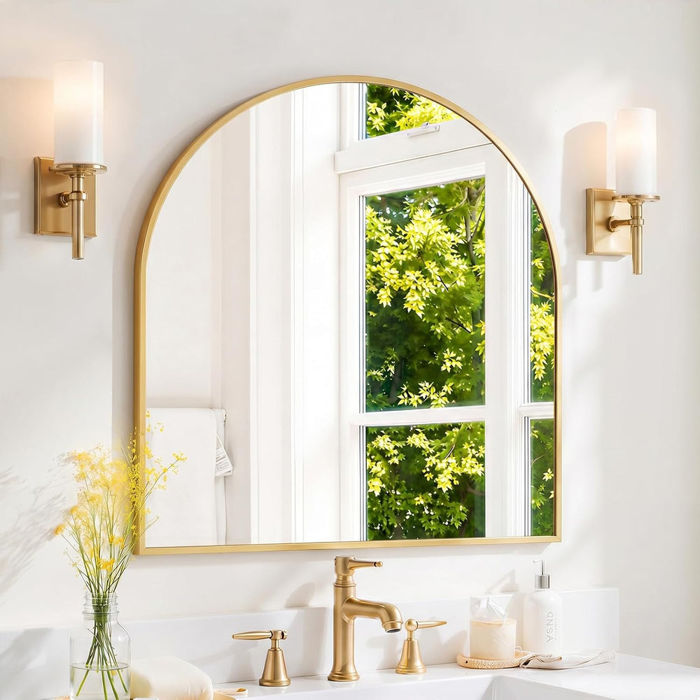 Arched Wall Mirror 32x31 Inch Gold Bathroom Vanity Mirror with Metal Frame