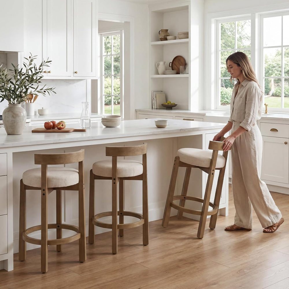 Ya-Home Mid-Century Bar Stools Set of 2, 26.5 Inch Linen Counter Height Uphol...