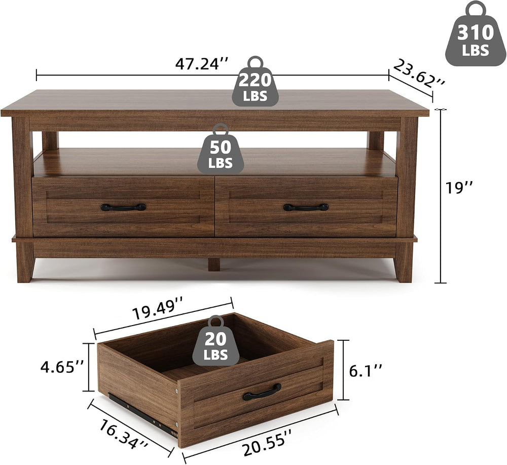 47 Inch Farmhouse Coffee Table, Rustic Wood Center Table with 2 Storage Drawe...