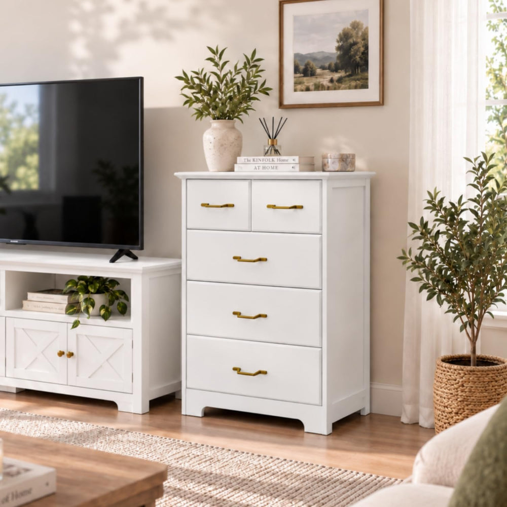 NEDYO 5 Drawer Accent Cabinet, Modern Tall Chest, White