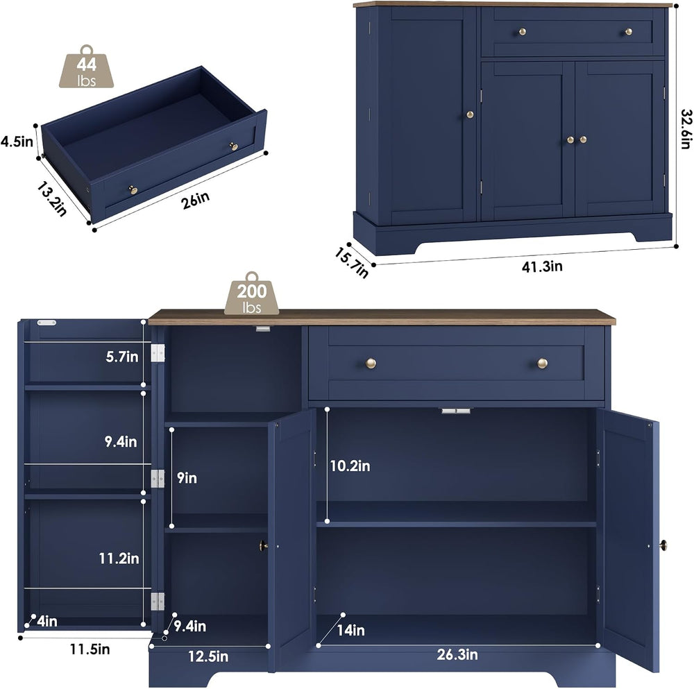 HOSTACK 41" W Kitchen Sideboard Buffet Cabinet, Small Coffee Bar, Blue