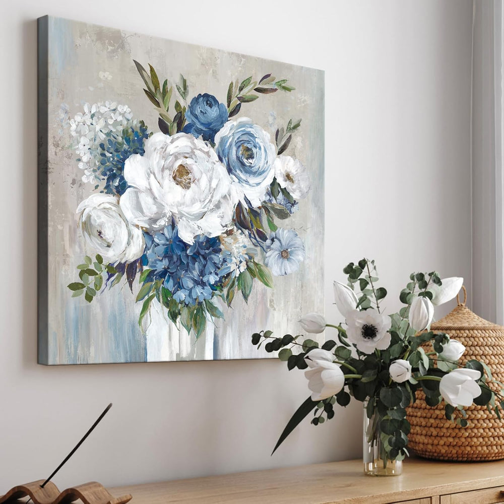 Goldfoilart Blue Flower Wall Art for Living Room White Floral Canvas Pictures...
