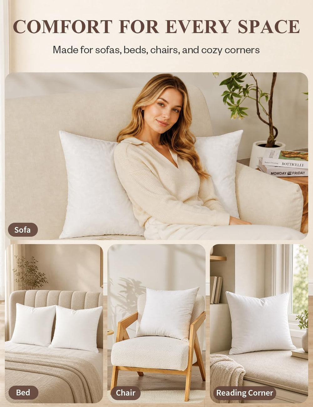 Soft Feather Throw Pillow Inserts, 20 x 20 Inches, Set of 2