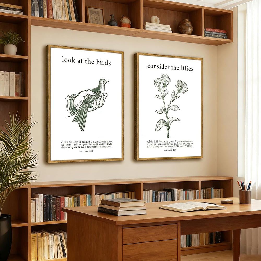 Framed Christian Wall Art Set – Matthew 6:26 “Look at the Birds” & “Consi...