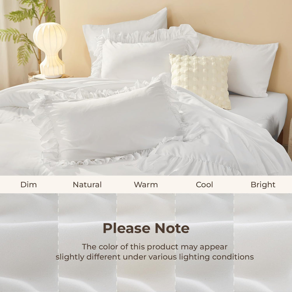 Litanika King Size Comforter Set, 7 Pcs White Ruffle Bed in a Bag