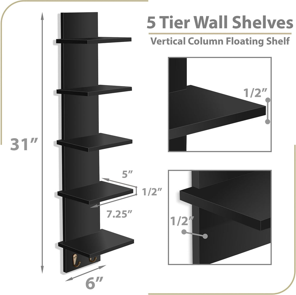 Sorbus 5-Tier Floating Wall Shelf with Hooks, 31 Inch (1 Pack, Black)