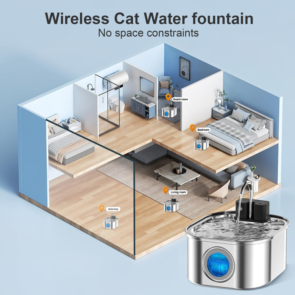 Cat Water Fountain Wireless,Stainless Steel-Rechargeable- Battery Operated Ca...