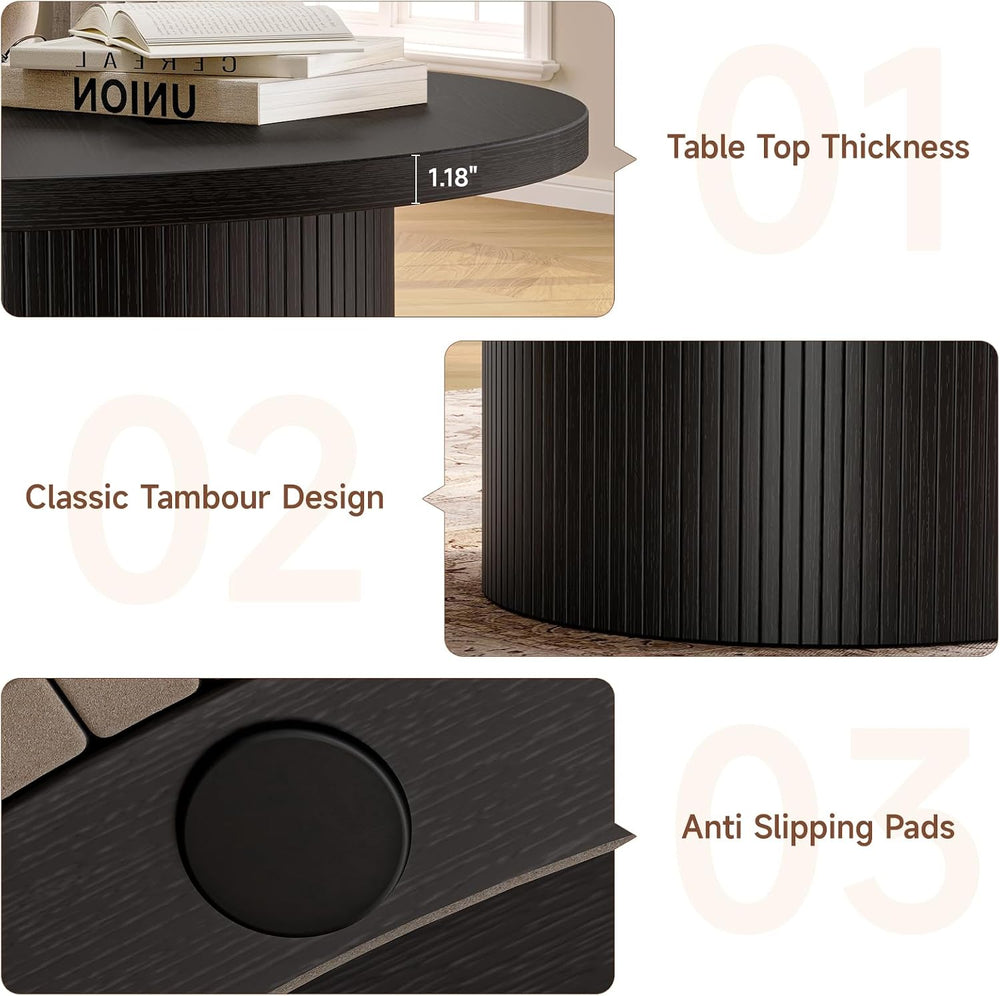ONBRILL 31.5" Round Coffee Table, Tambour Design, Black