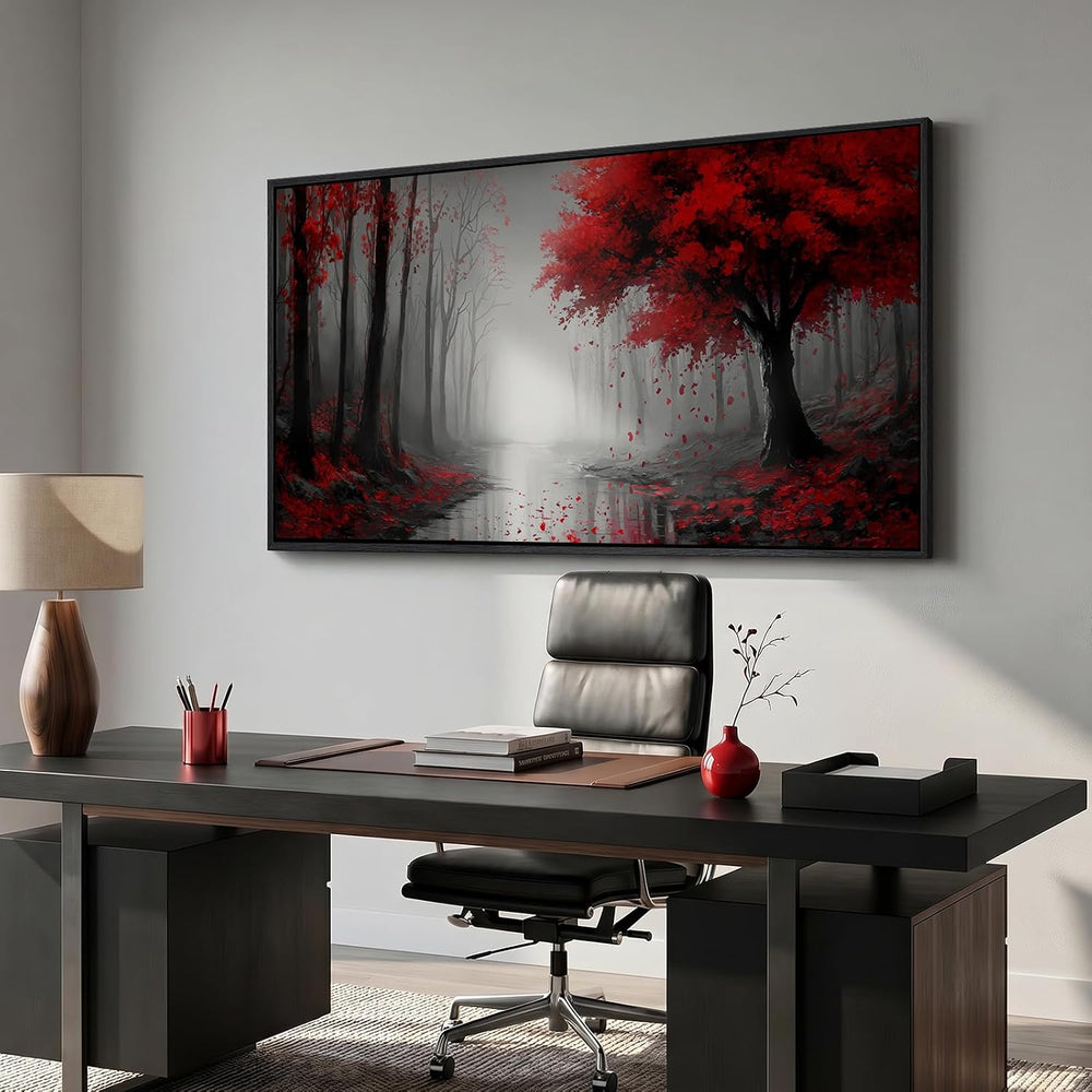 Framed Red Misty Forest Landscape Wall Art for Living Room, 60x30 Inch