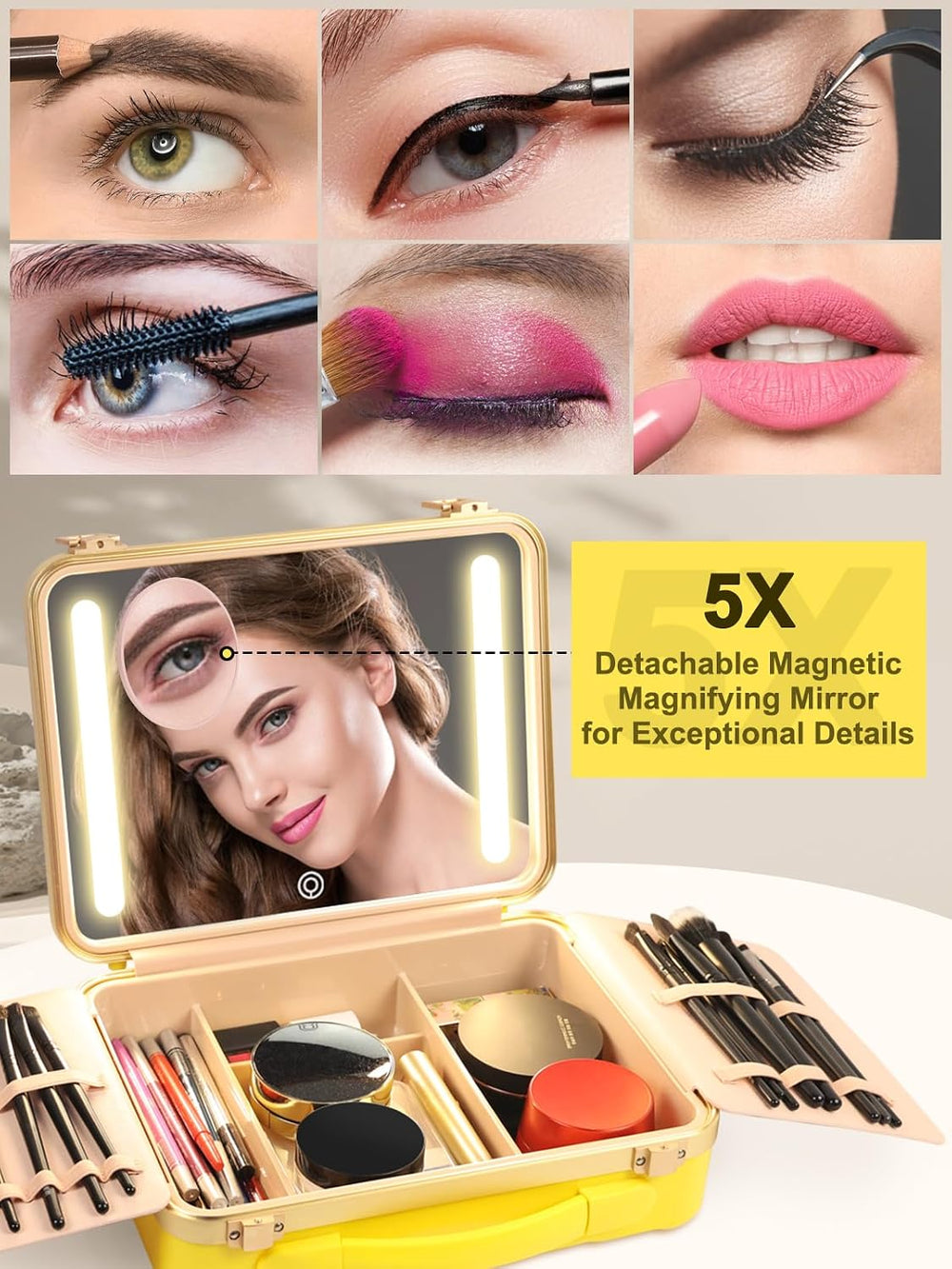Kalolary Travel Makeup Train Cases with Lighted Mirror 3 Color Setting