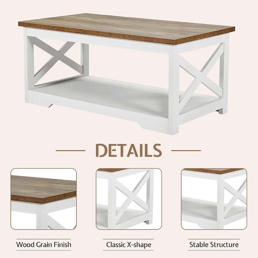 LUXOAK 3 Piece Living Room Table Set with Barn Door, Distressed White