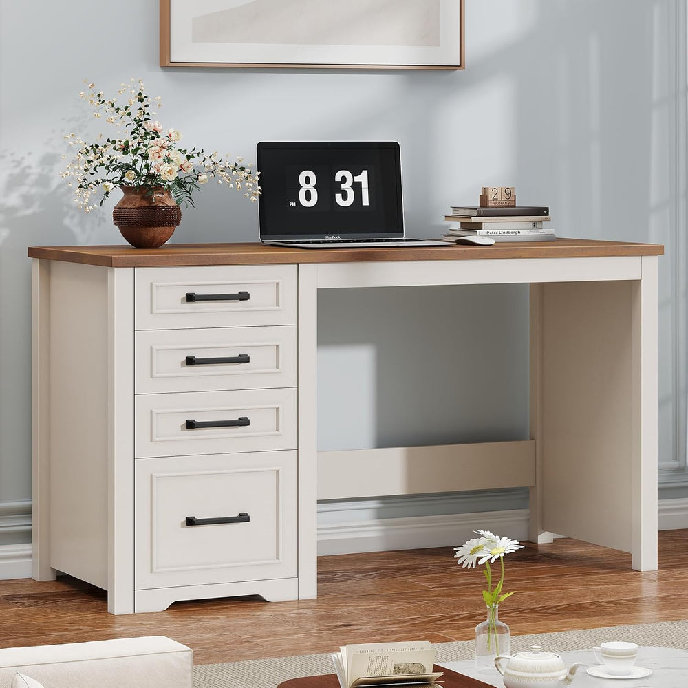 Vabches Farmhouse 49” Executive Desk with File Drawer, White Brown