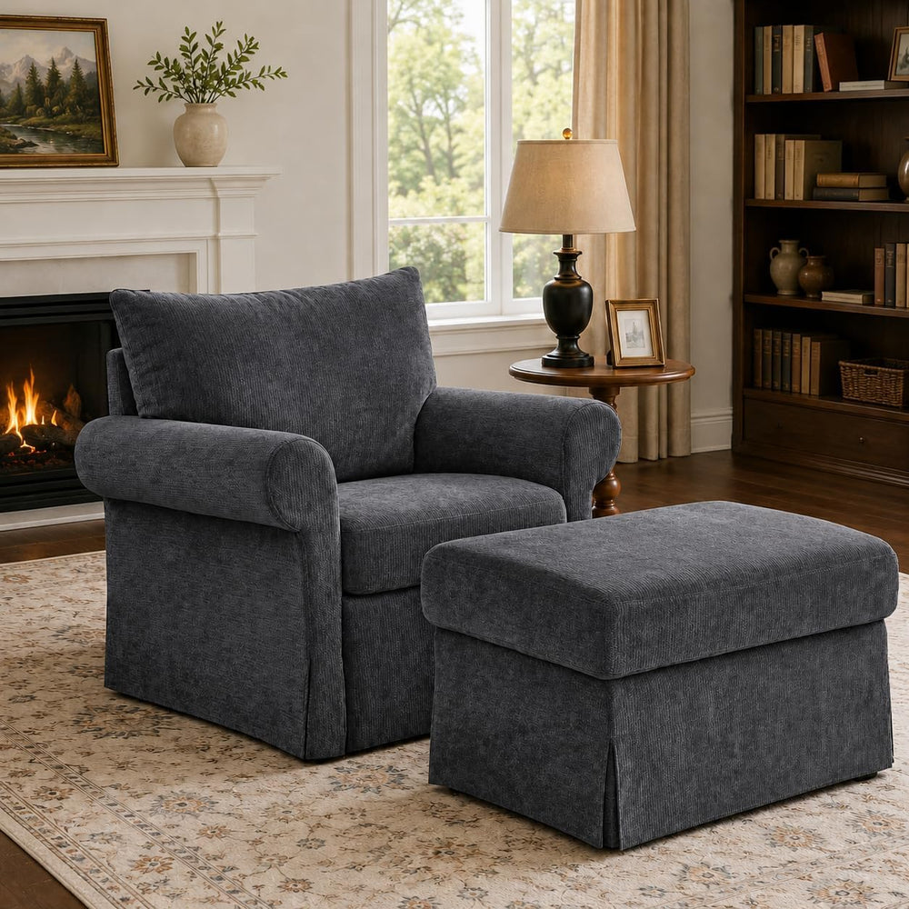 35.82" Oversized Accent Chair with Ottoman, Chenille Armchair, Gray