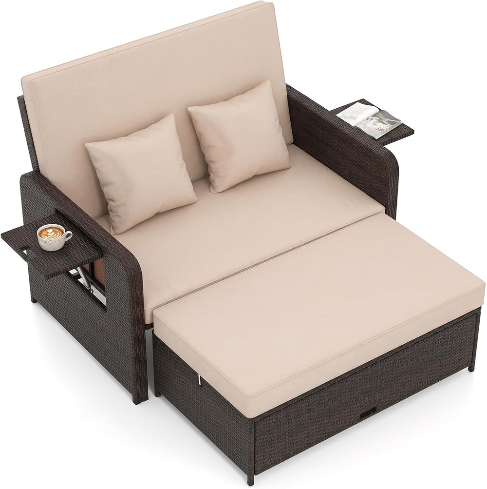 Tangkula 2-Person Patio Rattan Daybed with 4-Level Adjustable Backrest