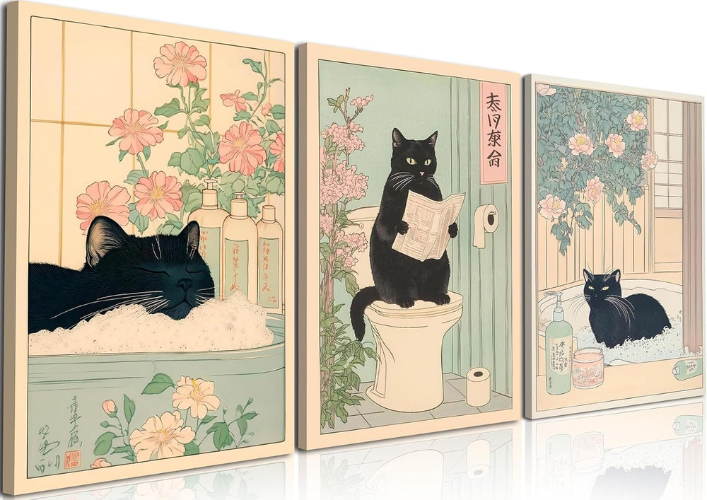 Funny Bathroom Wall Art Set of 3, Japanese Cute Black Cat Wall Decor Painting...