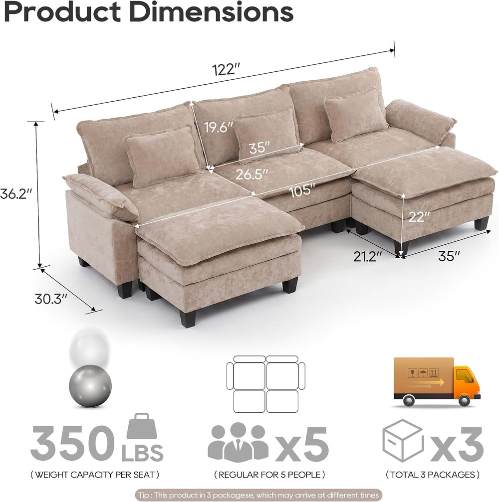 URRED Oversized Modular Sectional Sofa,Khaki:122" U Shaped