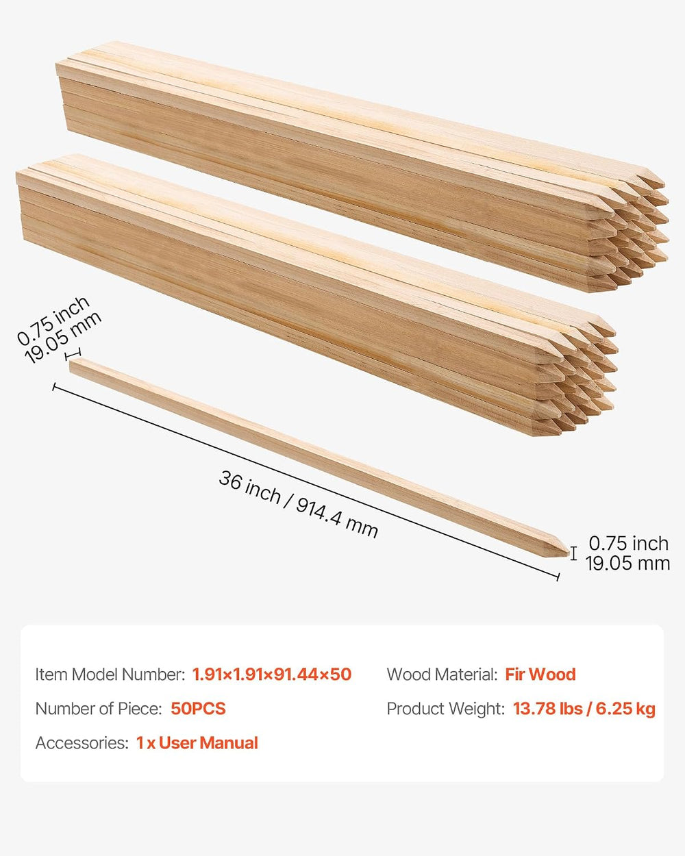 VEVOR Wooden Garden Stakes, 50 Pcs 36x0.75x0.75 in Survey Grading Stakes, Gar...