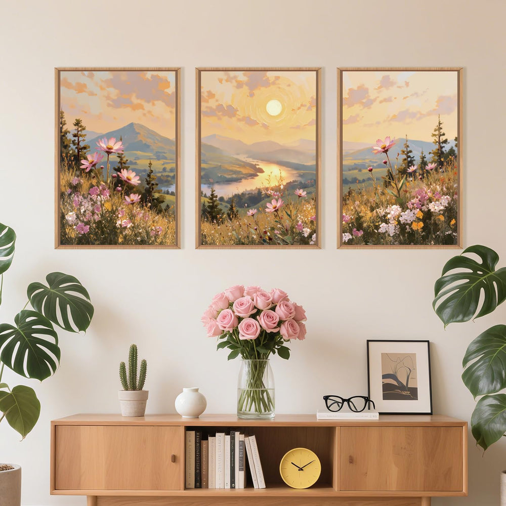 LHIUEM Large Boho Sunset Wildflower Framed Canvas Wall Art,Nature Pink Flower...
