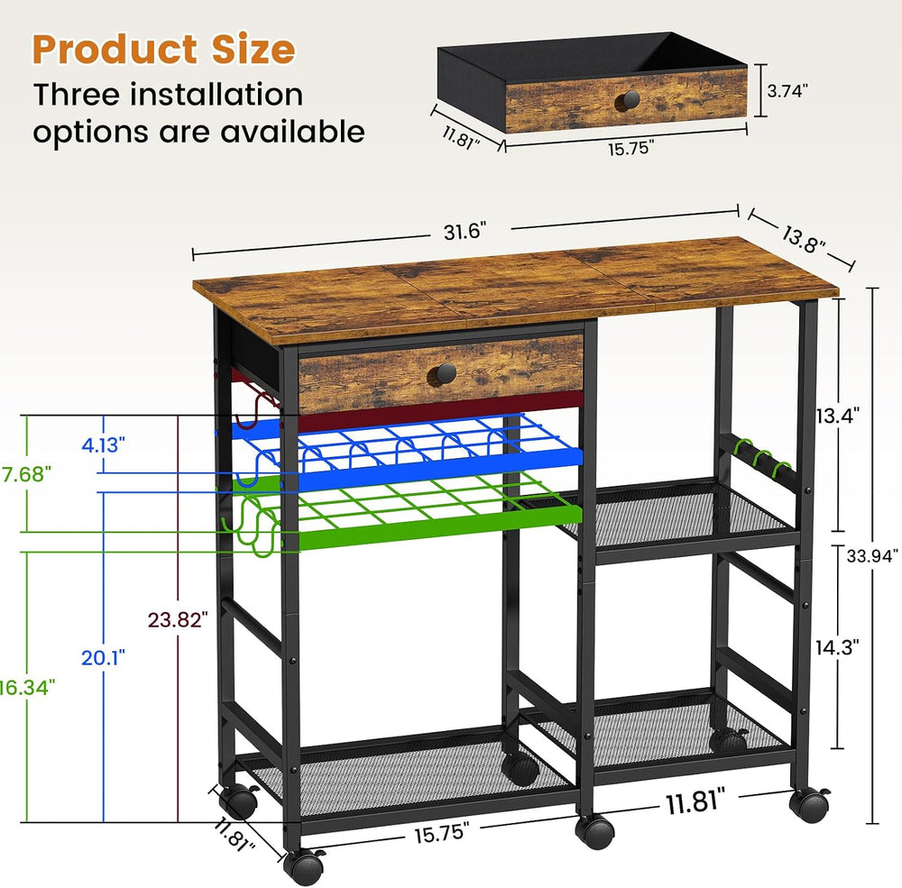 Microwave Stand, Coffee Cart, Microwave Cart with Wheels & Adjustable Shelf