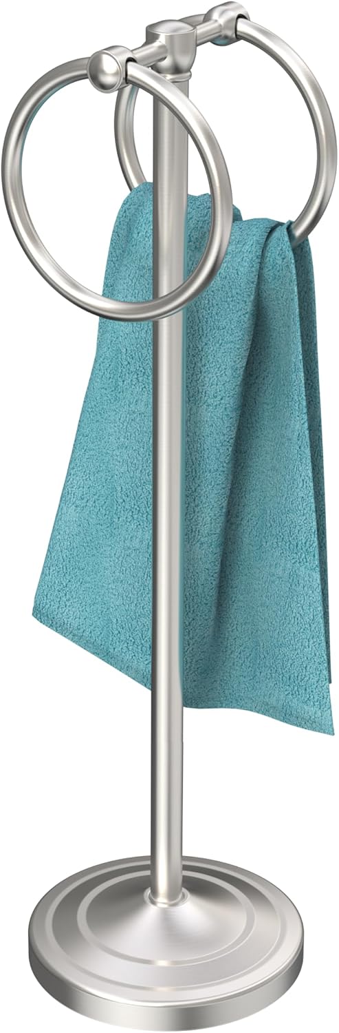 18" Hand Towel Holder Stand with Double Ring, Brushed Nickel