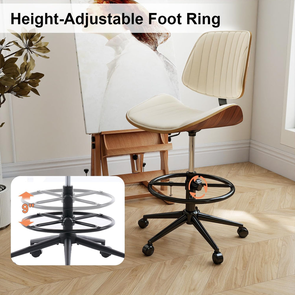 Drafting Chair, Ergonomic Office Chair with Walnut Wood Back Support, Armless...