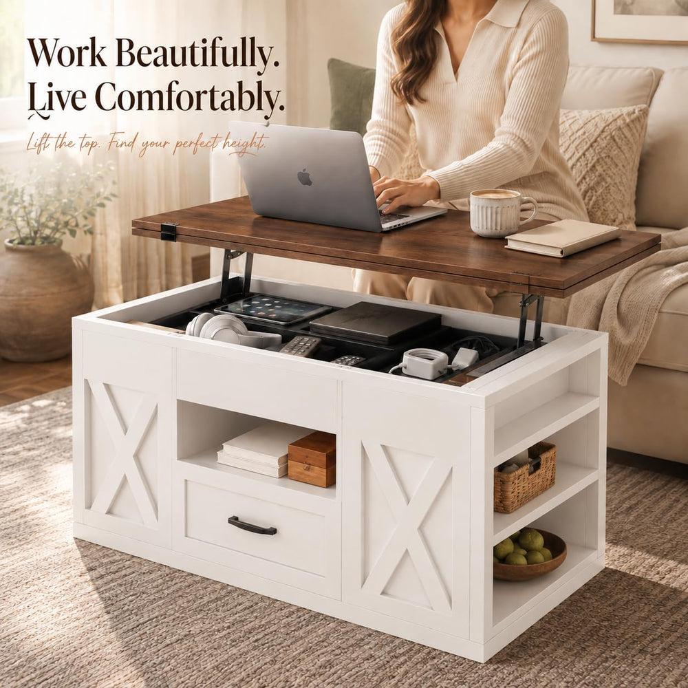 kepptory 40" Lift Top Coffee Table with Storage, Brown&White