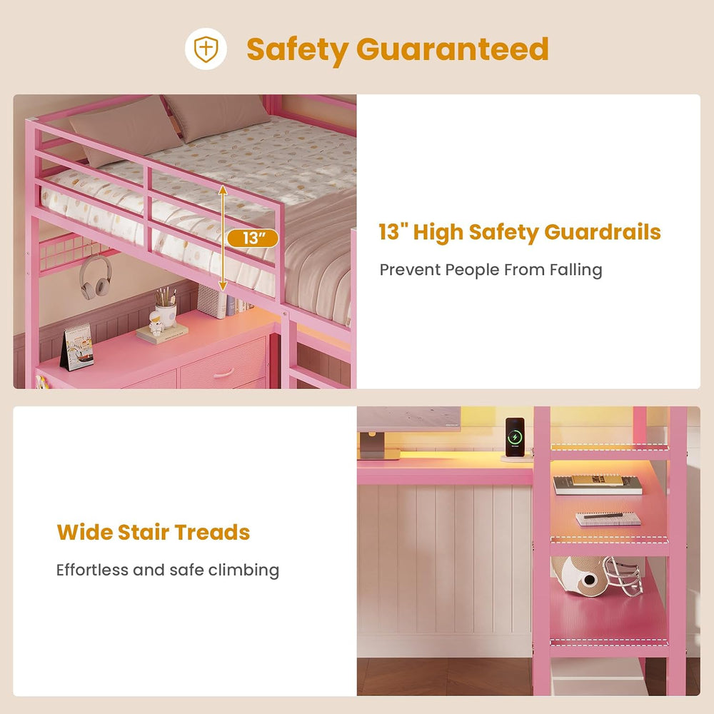 ADORNEVE Loft Bed Full Size with U-Shaped Desk, 6 Storage Drawers, Pink