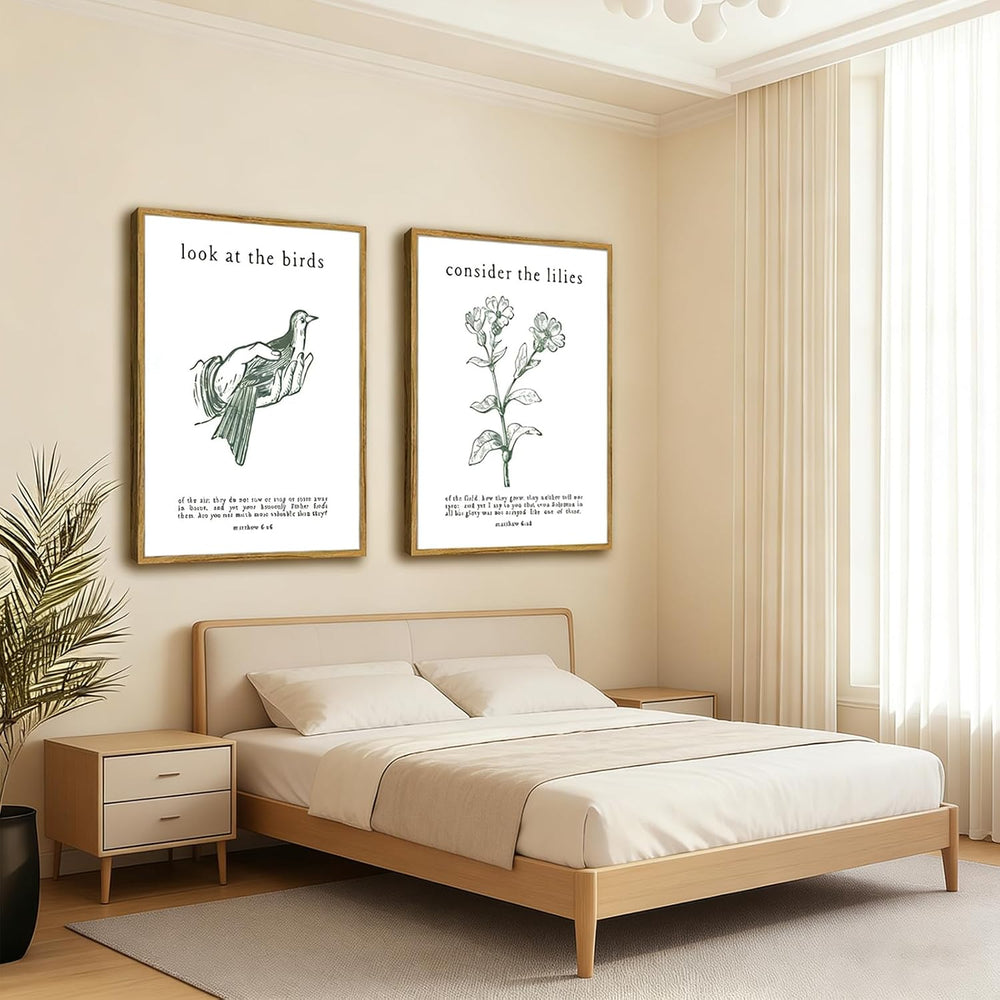 Framed Christian Wall Art Set – Matthew 6:26 “Look at the Birds” & “Consi...