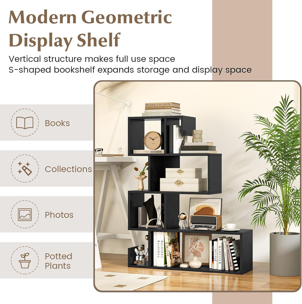 GIANTEX 5-Tier Geometric Bookshelf, S-Shaped Bookcase w/Open Cubes, Black