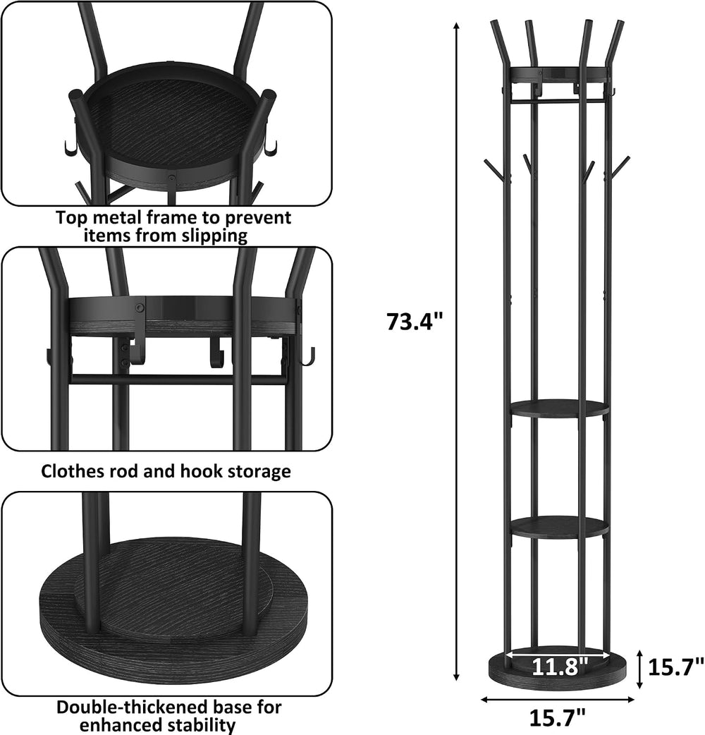 HOMEFORT Coat Rack Freestanding,Metal Coat Stand,4 Shelves,12 Hooks,Black